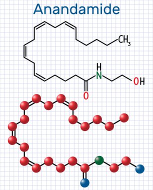 Anandamide molecule. It is endogenous cannabinoid neurotransmitter. Structural chemical formula and molecule model. Sheet of paper in a cage clipart