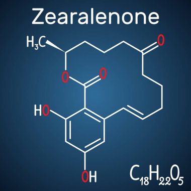 Zearalenone ZEN mycotoxin molecule. Structural chemical formula and molecule model on the dark blue background clipart