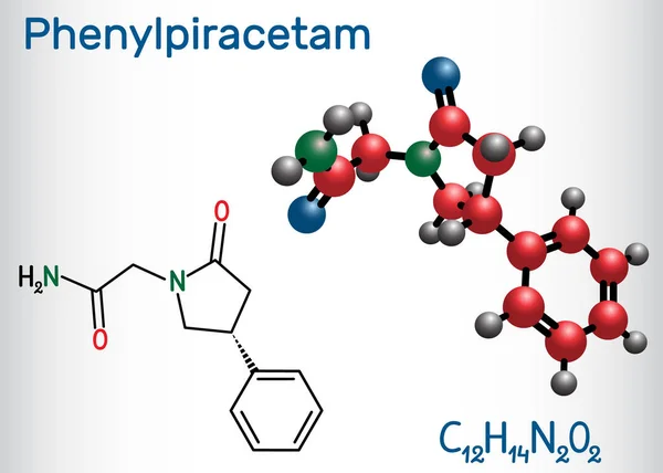 Fenilpiracetam molécula nootrópica de drogas. Es un análogo fenilado del piracetam. Fórmula química estructural y modelo molecular — Vector de stock