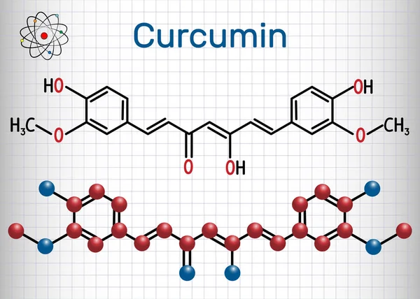 Molécula de curcumina. Hoja de papel en una jaula. Fórmula química estructural — Vector de stock