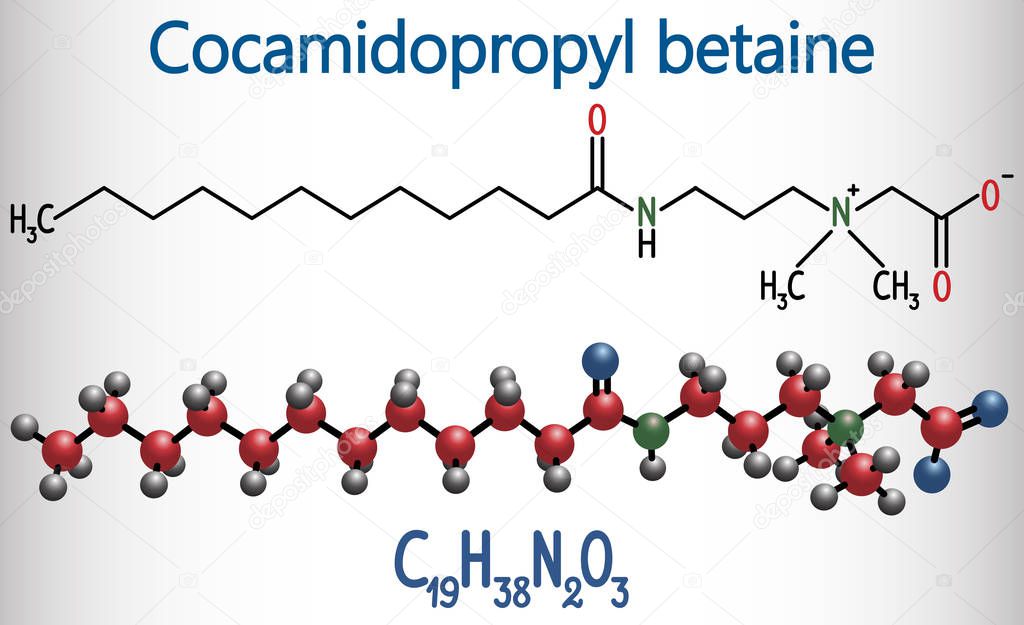 Cocamidopropyl betaine CAPB molecule. It is used in shampoo, in cosmetics, as antistatic in hair conditioner. Structural chemical formula and molecule model