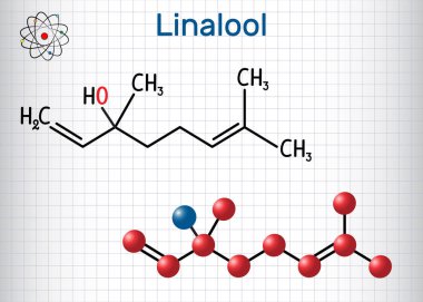 Linalool molekülü. Yapısal kimyasal formül ve molekül modeli. Kafesteki kağıt levha