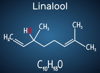 Linalool molekülü. Koyu mavi arka plan üzerinde yapısal kimyasal formül ve molekül modeli. 