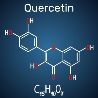 Quercetin flavonoid molecule. Structural chemical formula and molecule model on the dark blue background
