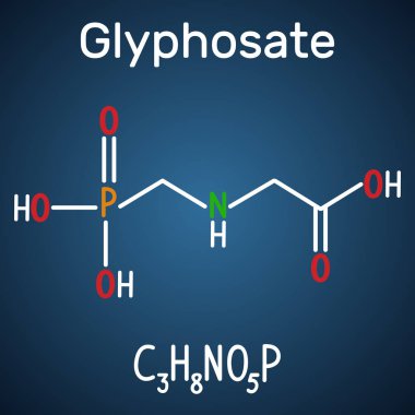 Glyphosate molekülü. Geniş spektrumlu sistemik herbisittir. Koyu mavi arka plan üzerinde yapısal kimyasal formül ve molekül modeli.