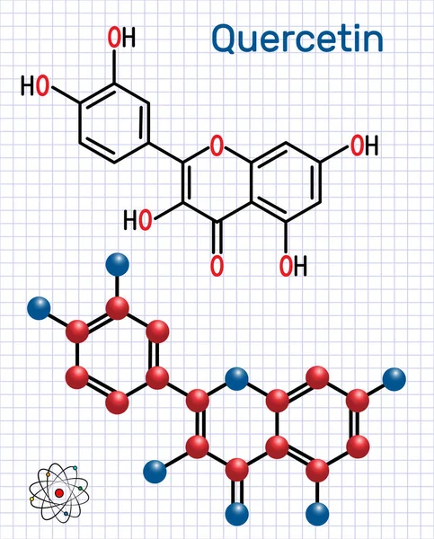 Quercetina flavonoide molécula. Fórmula química estructural y modelo molecular. Hoja de papel en una jaula — Vector de stock