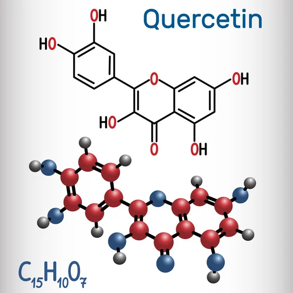 Quercetin flavonoid molecule. Structural chemical formula and molecule model