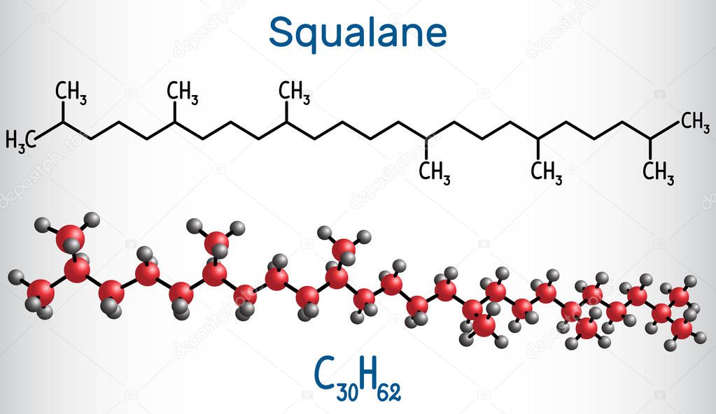 Squalane molecule. It is used in cosmetics as emollient and moisturizer Structural chemical formula and molecule model.