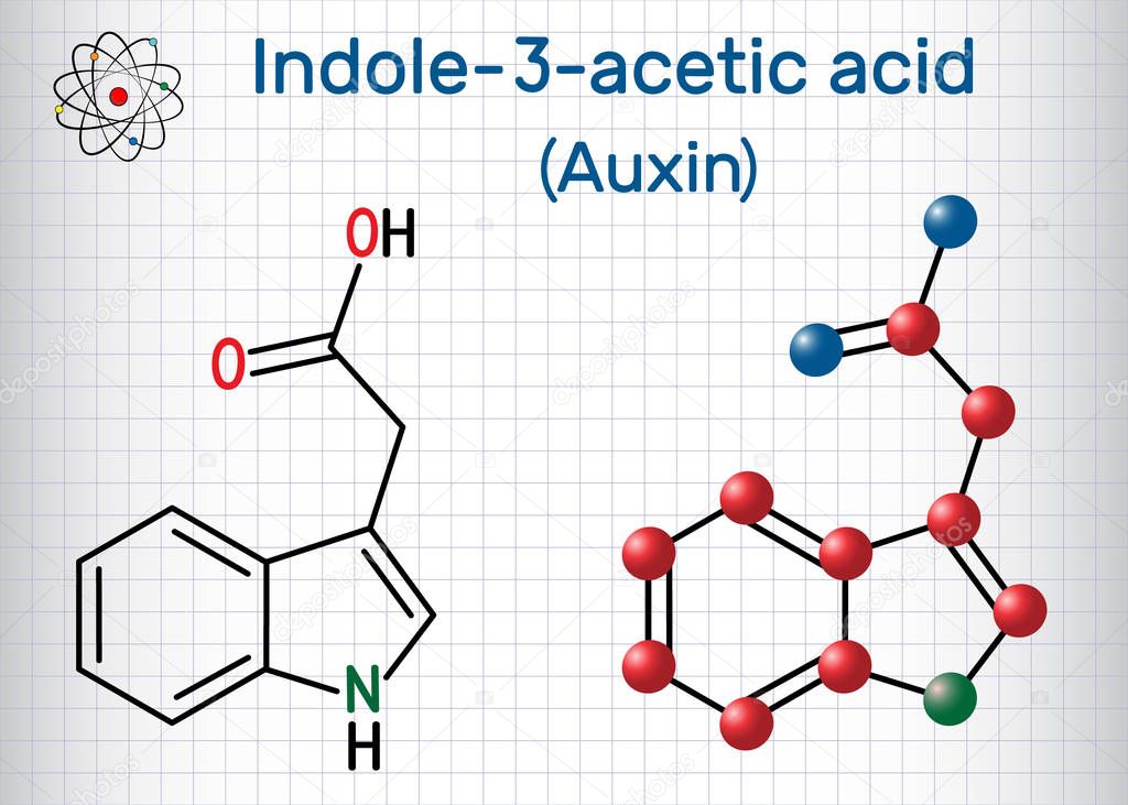 Auxin, Indole-3-acetic acid IAA . Sheet of paper in a cage.Structural chemical formula and molecule model