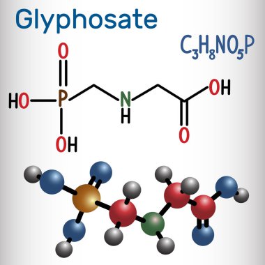 Glyphosate molekülü. Geniş spektrumlu sistemik herbisittir. Yapısal kimyasal formül ve molekül modeli.