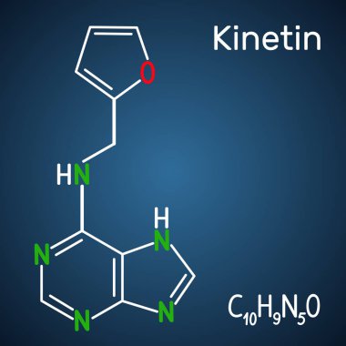 Kinetin N6-furfuryladeninmolekülü. Bitki hormonudur. Koyu mavi arka plan üzerinde yapısal kimyasal formül