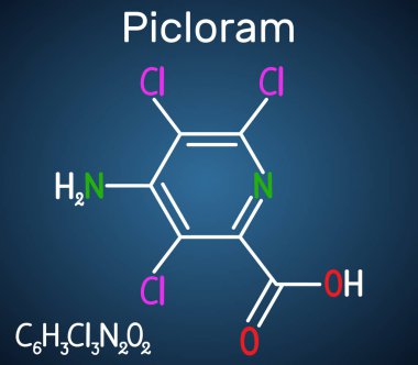Pikloram molekülü. Koyu mavi arka plan üzerinde yapısal kimyasal formül.