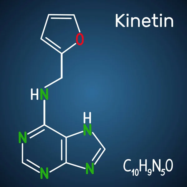 Molécula de cinetina N6-furfurfuryladenine. Es hormona vegetal. Fórmula química estructural sobre el fondo azul oscuro — Vector de stock