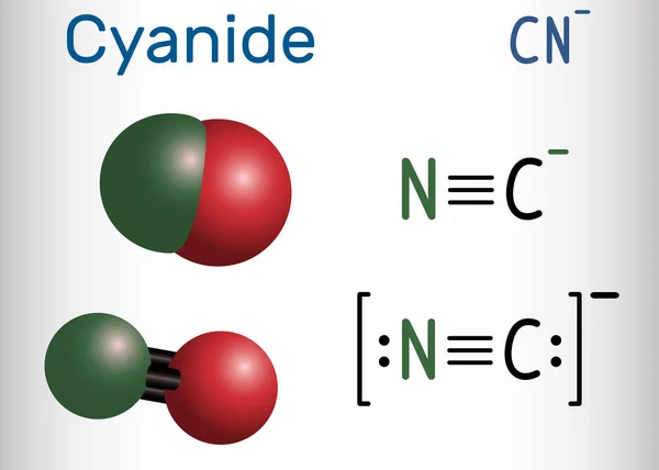Molécula de ânion cianeto. Fórmula química estrutural e modelo de molécula — Vetor de Stock