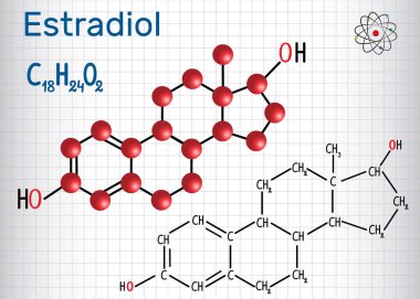 Estradiol E2 estrogen female sex hormone - structural chemical formula and molecule model. Sheet of paper in a cage clipart