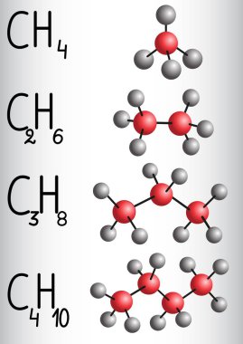 Kimyasal formül ve molekül modeli metan Ch4, etan C2h4, propan C3h8, bütan C4h10. Alkanhomolog serisi. 