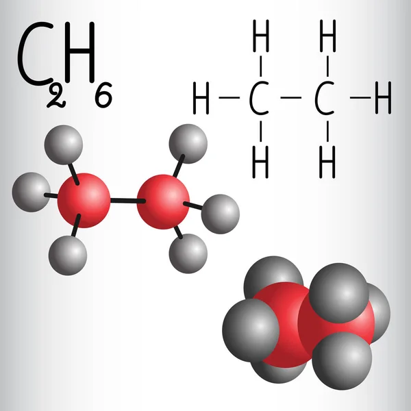 Fórmula química y modelo de molécula de etano C2H6 — Vector de stock