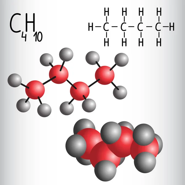 Fórmula química y modelo molecular de butano C4H10 — Vector de stock