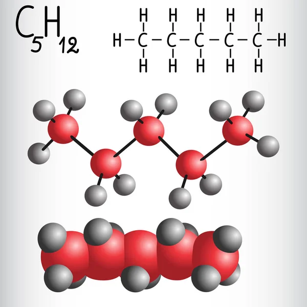 Chemical formula and molecule model of Pentane C5H12 — Stock Vector