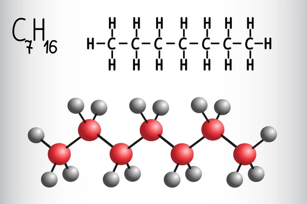 Heptane C7h16'nın kimyasal formülü ve molekül modeli — Stok Vektör