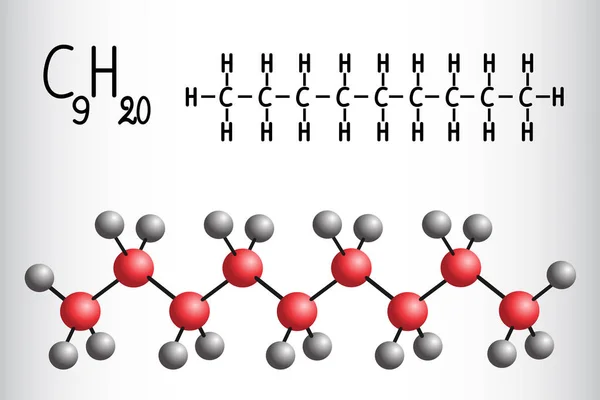 Fórmula química e modelo de molécula de Nonane C9H20 — Vetor de Stock