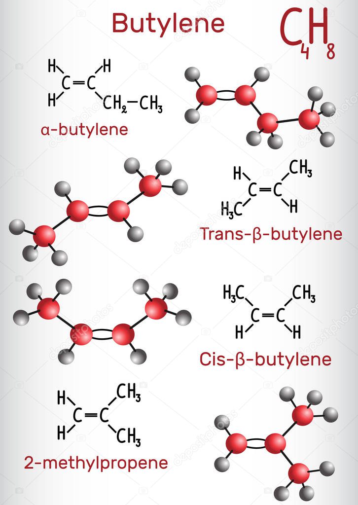 Chemical formula and molecule model of  Butylene C4H8