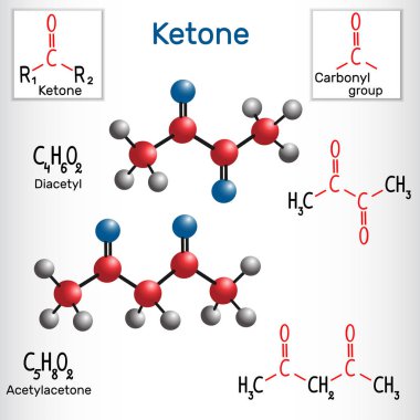 Diasetil ve asetellaceton molekülü - yapısal kimyasal formül ve model