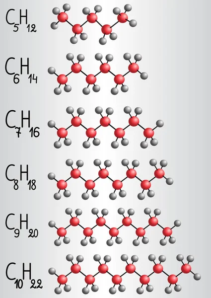 Homolog alkan serisinin kimyasal formülü ve molekül modeli — Stok Vektör