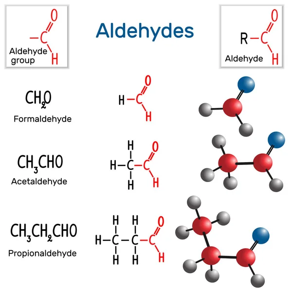 Aldehitler. Kimyasal formül ve molekül modeli formaldehit, asetaldehit ve propiyonaldehit