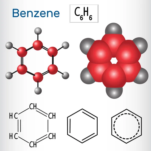 Molekula benzenu-strukturní chemický vzorec a model. — Stockový vektor
