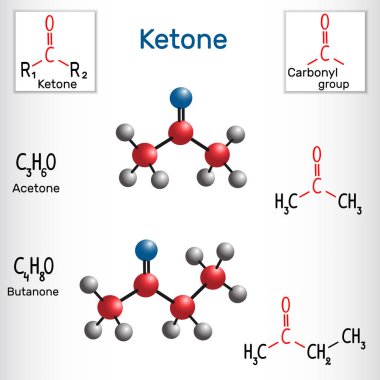 Aseton ve butanone metil etil keton molekülü - yapısal kimyasal formül ve model