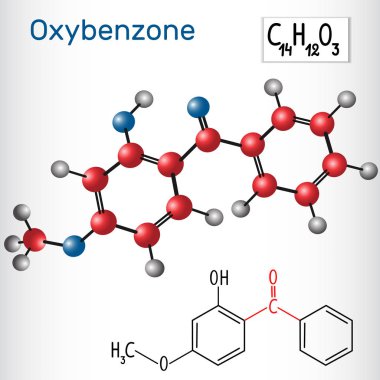 Oxybenzone benzofenon-3 molekülü - yapısal kimyasal formül ve model. Güneş kremi özelliklerine sahip aromatik keton 