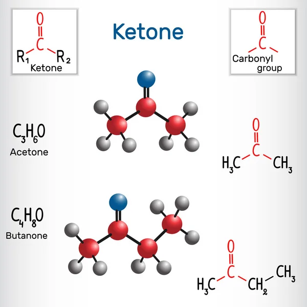 Molécula de acetona e butanona-metiletilcetona - fórmula química estrutural e modelo — Vetor de Stock