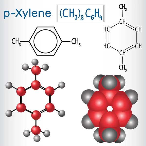 Para-xileno p-xileno molécula - fórmula química estructural y modelo — Vector de stock