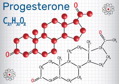 Progesteron endojen steroid , progestojen seks hormonu - yapısal kimyasal formül ve molekül modeli. Kafesteki kağıt levha