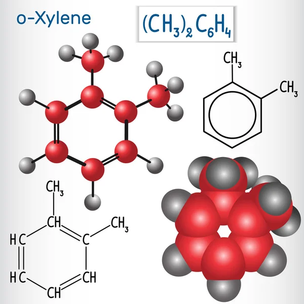 Molécula de orto-xileno o-xileno - fórmula química estructural y modelo — Vector de stock