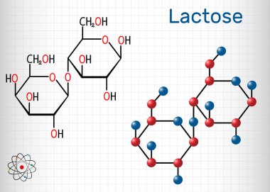 Laktoz, süt şekeri molekülü, bir disaccharide olduğunu. Yapısal kimyasal formül ve molekül modeli. Kafesteki kağıt levha.