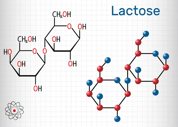 Laktoz, süt şekeri molekülü, bir disaccharide olduğunu. Yapısal kimyasal formül ve molekül modeli. Kafesteki kağıt levha. — Stok Vektör