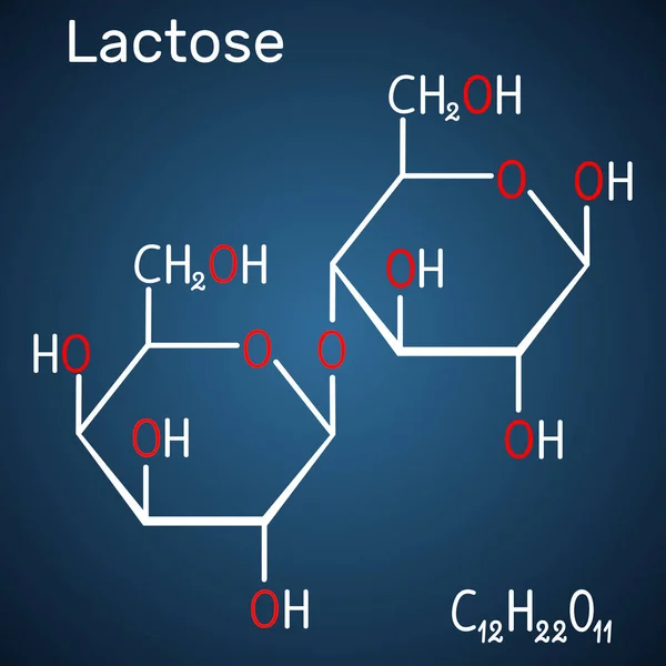 Laktose, Milchzuckermolekül, ist ein Disaccharid. Strukturchemische Formel und Molekülmodell auf dunkelblauem Hintergrund. — Stockvektor
