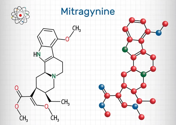 Mitragynine molekülü. Bu bitki Mitragyna speciosa Korth, kratom tarafından üretilen afyon benzeri özelliklere sahip bitkisel alkaloid. Yapısal kimyasal formül ve molekül modeli