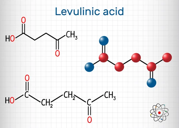 Molekula levulinové kyseliny, je krystalická kyselina Keto připravená z levulotu, inulinového, škrobu. List papíru v kleci. Strukturní chemický vzorec a model molekuly — Stockový vektor