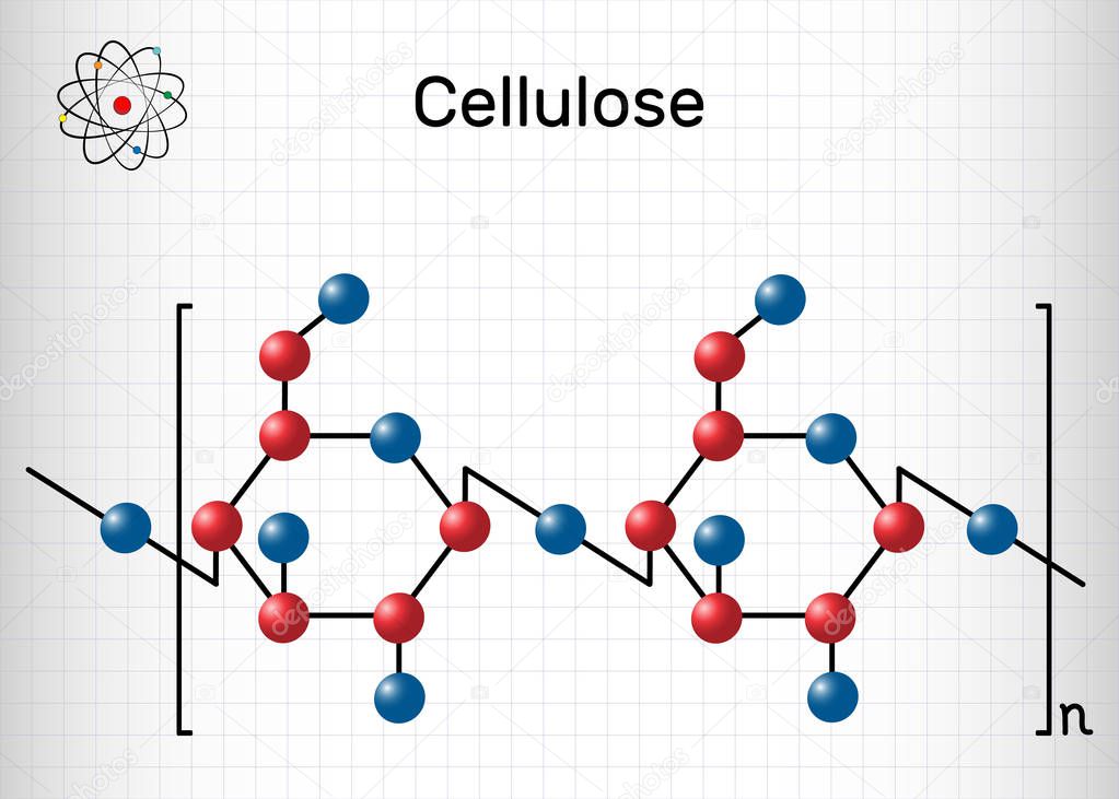 Cellulose polysaccharide molecule. Sheet of paper in a cage. Structural chemical formula