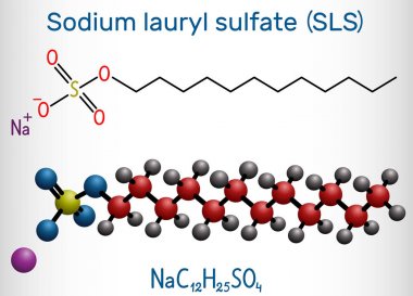 Sodium dodecyl sulfate SDS , sodium lauryl sulfate SLS molecule. It is an anionic surfactant used in cleaning and hygiene products. Structural chemical formula and molecule model clipart