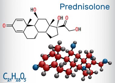Prednizolon molekülü. Kortikosteroid veya steroid ilaç olarak bilinir. Yapısal kimyasal formül ve molekül modeli