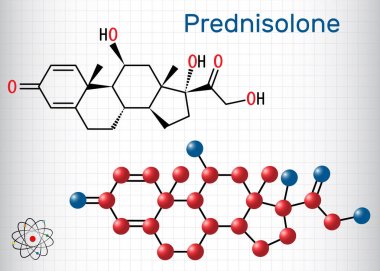 Prednizolon molekülü. Kortikosteroid veya steroid ilaç olarak bilinir. Yapısal kimyasal formül ve molekül modeli. Kafesteki kağıt levha