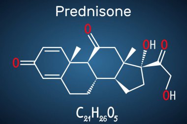 Prednisone molekülü. Kortizondan elde edilen sentetik anti-inflamatuar glukokortikoid. Koyu mavi arka plan üzerinde yapısal kimyasal formül