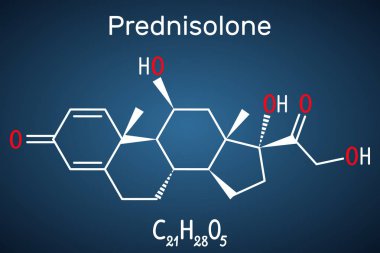 Prednisolone molecule. Is known as a corticosteroid or steroid medication. Structural chemical formula on the dark blue background clipart