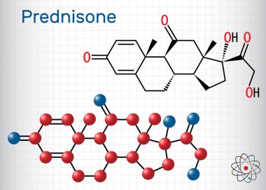 Prednisone molekülü. Kortizondan elde edilen sentetik anti-inflamatuar glukokortikoid. Yapısal kimyasal formül ve molekül modeli. Kafesteki kağıt levha