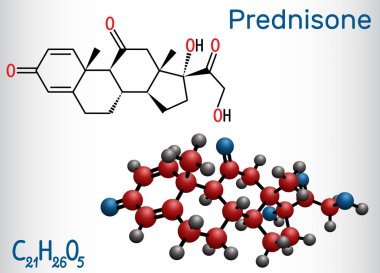 Prednisone molekülü. Kortizondan elde edilen sentetik anti-inflamatuar glukokortikoid. Yapısal kimyasal formül ve molekül modeli