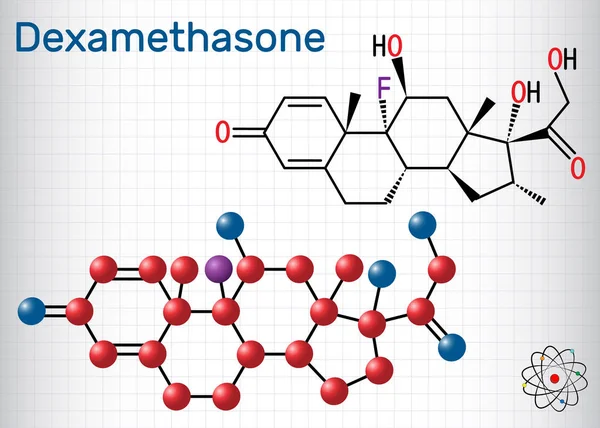 Molécula de dexametasona. Este medicamento antiinflamatorio es una hormona corticosteroide glucocorticoide. Hoja de papel en una jaula — Vector de stock